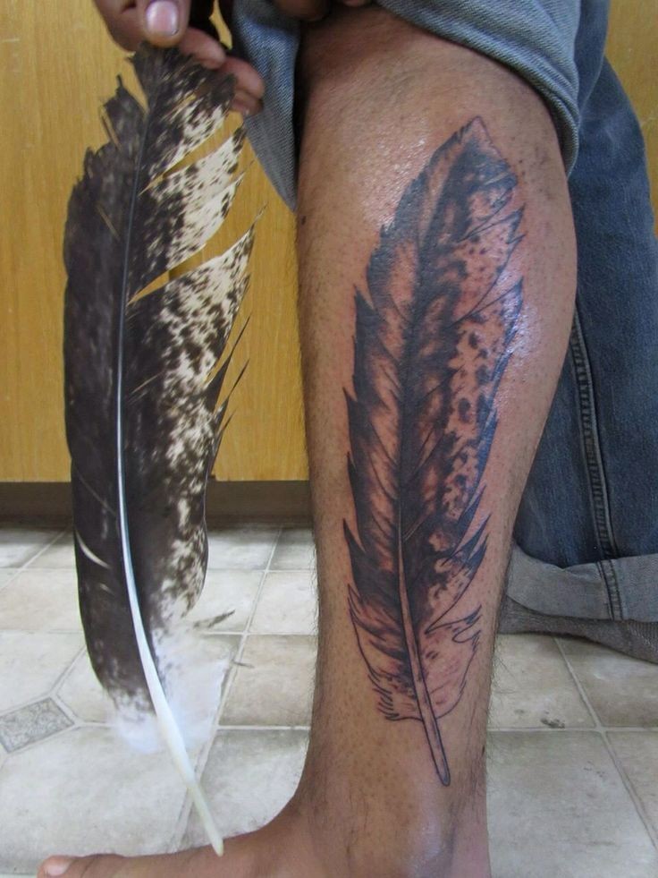 Large Black Ink Eagle Feather Tattoo On Leg