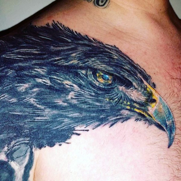 Large Black Ink Eagle Head Tattoo On Shoulder & Chest For Men