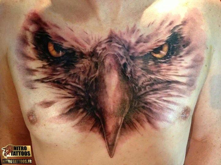 Large Black Ink Eagle Head Tattoo on Men Chest