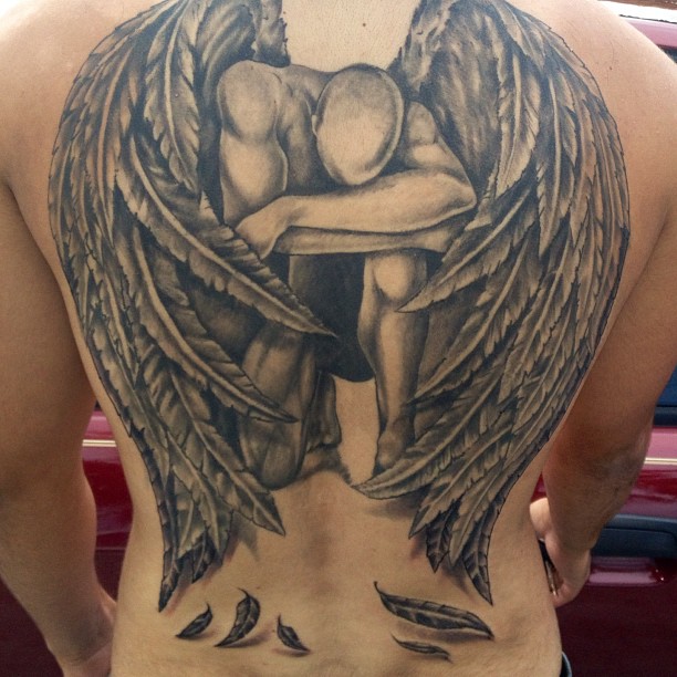 Male Fallen Angel Tattoo On Full Back In Gray Color