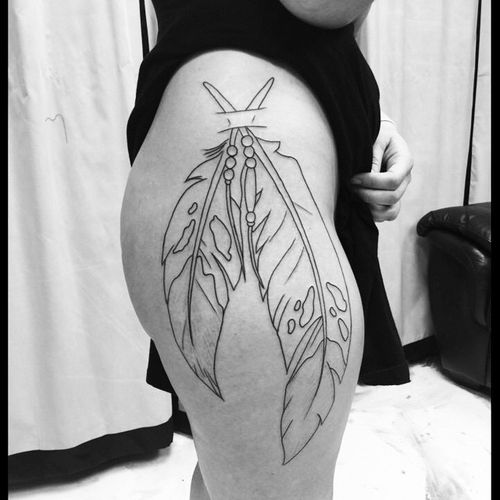 Marvelous Black Outline Eagle Feathers Tattoo On Thigh For Girls