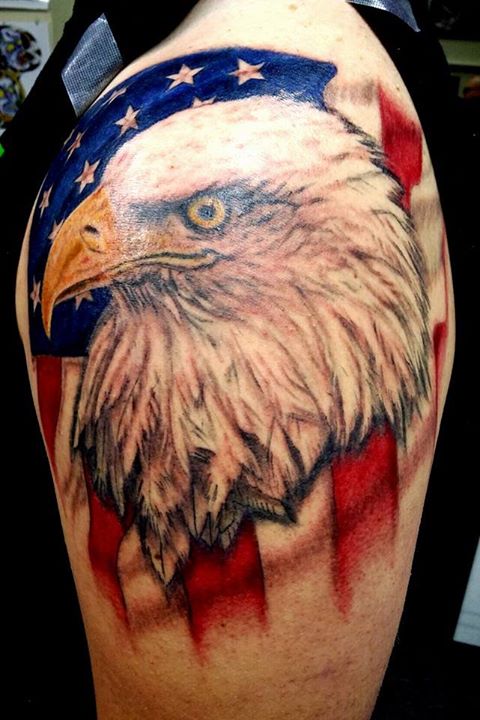 Nice Colored Tattoo Of American Flag & Bald Eagle