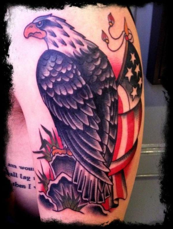 Old School Style American Flag With Eagle Tattoo On Arm