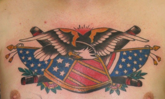 Old Traditional Style American Flag and Eagle Chest Tattoo For Men