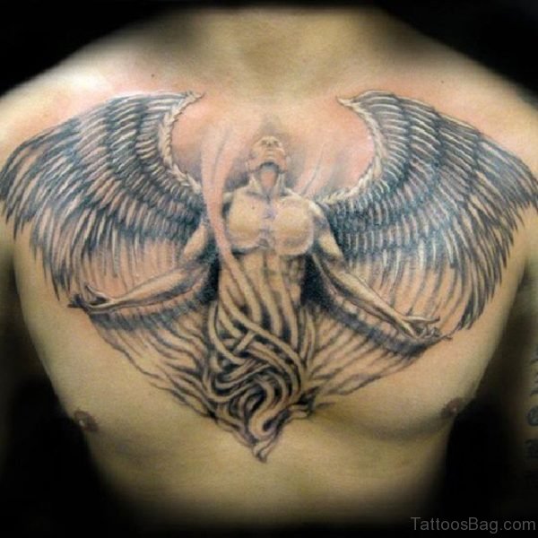 Open Wings Fallen Angel Tattoo On Chest For Men