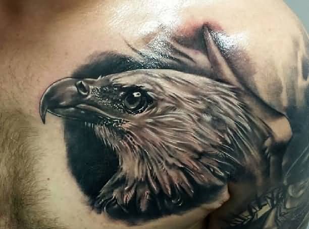 Outstanding Black & White Eagle Head Tattoo On Chest For Men