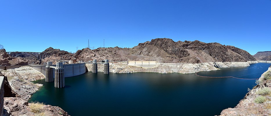 Panoramic view of Hoover Dam from the Arizona side showing the penstock towers