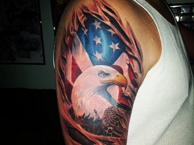 Patriotic American Flag & Bald Eagle Tattoo On Half Sleeve