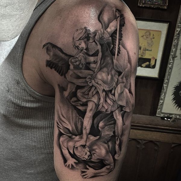 Phenomenal Archangel St. Michael Tattoo On Half Sleeve For Men
