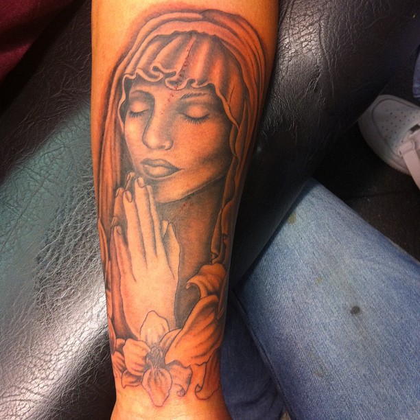 Praying Angel With Closed Eyes Divine Tattoo On Arm