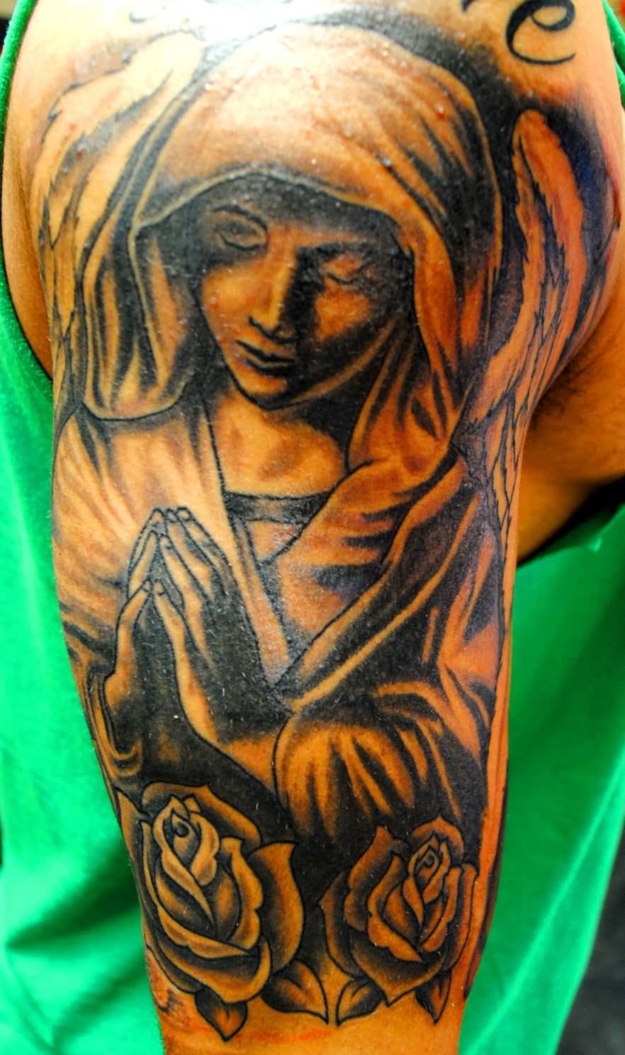 Praying Angel With Roses Tattoo Design On Half Sleeve For Men