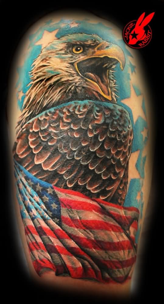 Realistic American Eagle With Flag Tattoo On Half Sleeve