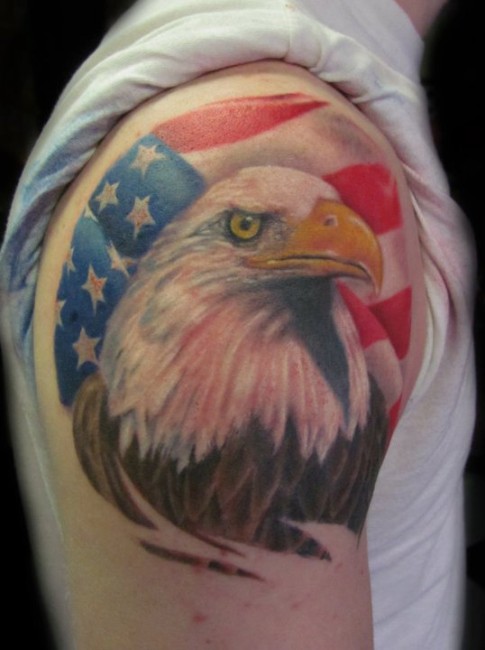 Realistic American Flag With Bald Eagle Tattoo On Shoulder by Justin Wright