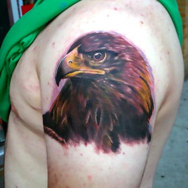 Realistic Colored Eagle Head Tattoo On Shoulder For Men