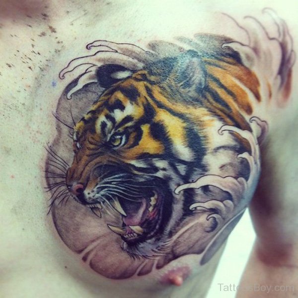 Realistic Roaring Tiger Head From Side Tattoo Design On Chest For Men