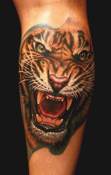 Realistic Roaring Tiger Head Tattoo On Forearm