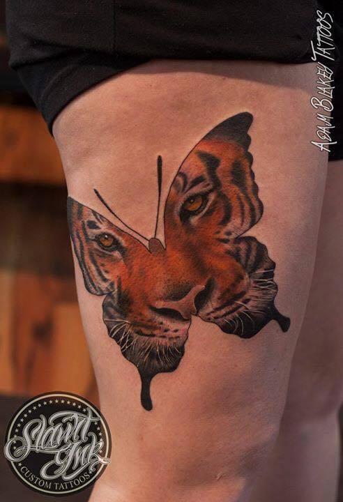 Realistic Tiger Butterfly Tattoo On Thigh By Slawit Ink