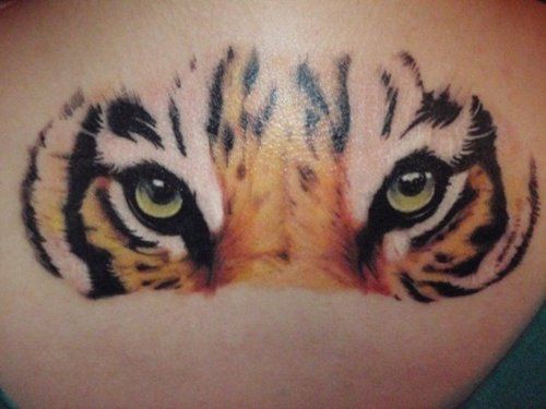 Realistic Tiger Eyes Tattoo On Back Shoulder