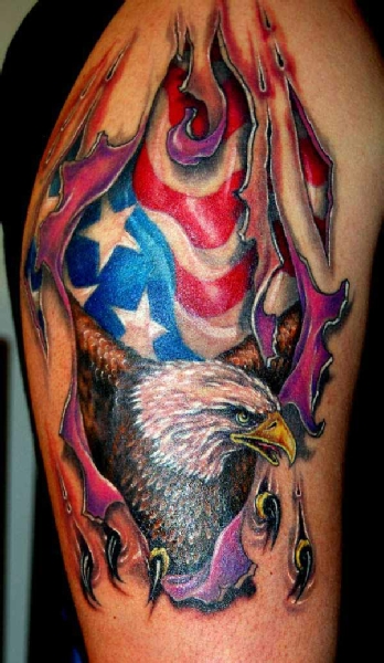 Ripping Skin American Flag & Eagle Tattoo On Half Sleeve