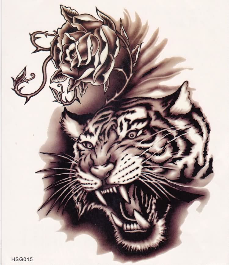 Roaring Tiger And Rose With Thorns Tattoo Design
