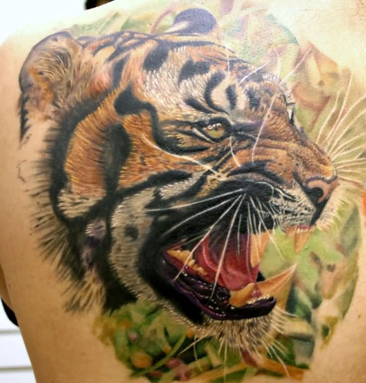 Roaring Tiger Head Tattoo On Full Back