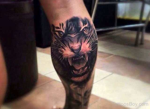 Roaring Tiger Tattoo Design On Calf (Leg)