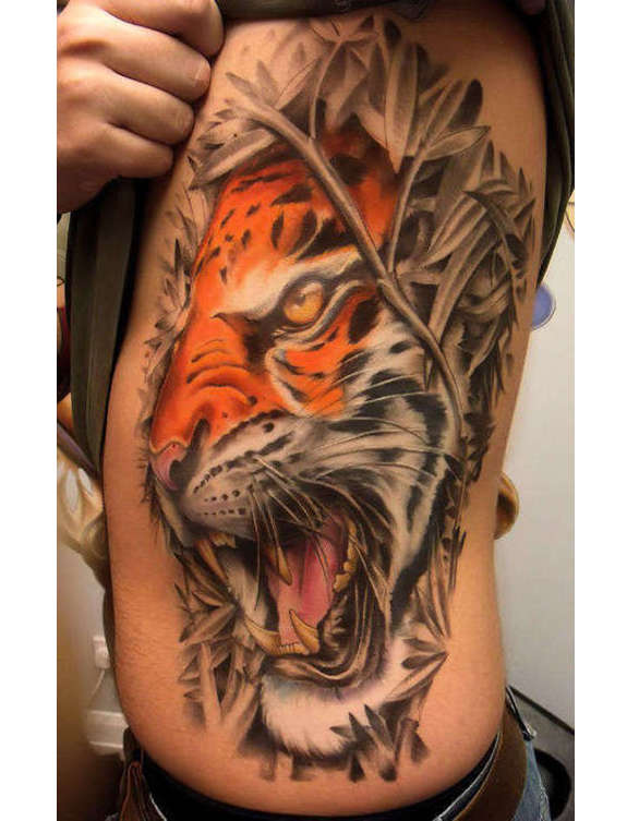 Roaring Tiger Tattoo On Side Ribcage