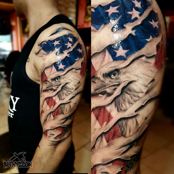 Shredded Skin with American Flag and Eagle Tattoo by Carlos at BLTNYC Tattoo Shop Astoria Queens