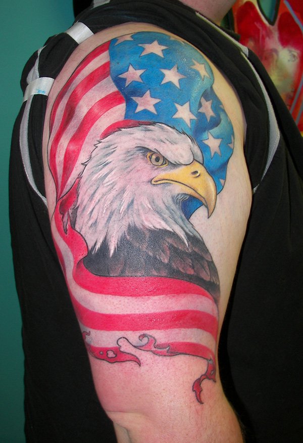 Simple & Elegant American Flag & Bald Eagle Head Tattoo Design On Shoulder For Men