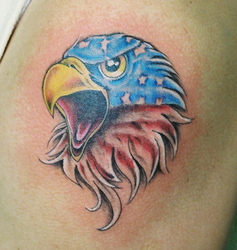 Small American Flag Colored Bald Wagle Head Tattoo
