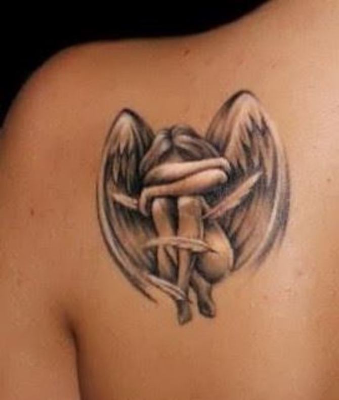 Small Grey Ink Fallen Angel Tattoo On Girl Back Shoulder