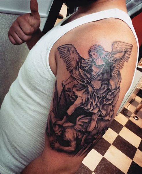 St Michael The Archangel & Evil Tattoo On Half Sleeve