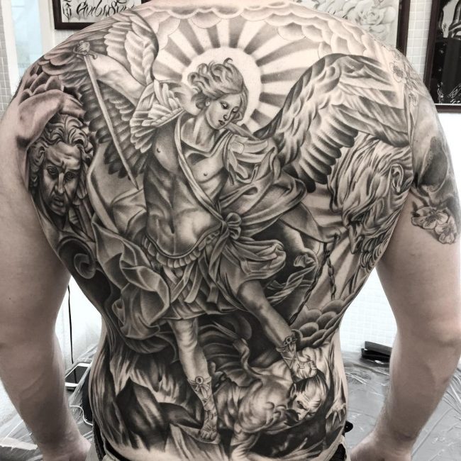 St- Michael – The Archangel Tattoo On Full Back For Guys