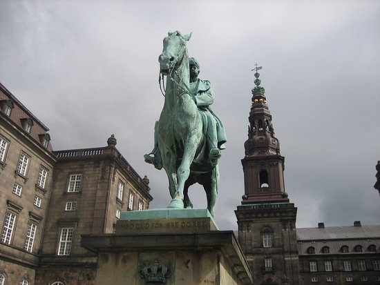 Statue Of King Christian IX And Christiansborg Palace Tower View