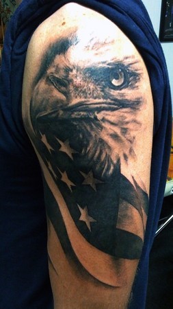 Stunning Realistic Grey ink Dark Bald Eagle & American Flag Tattoo On Half Sleeve