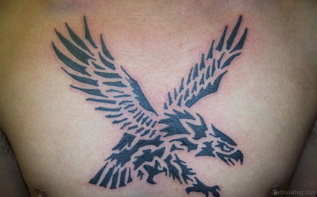 Stunning Tribal Flying Eagle Tattoo On Chest