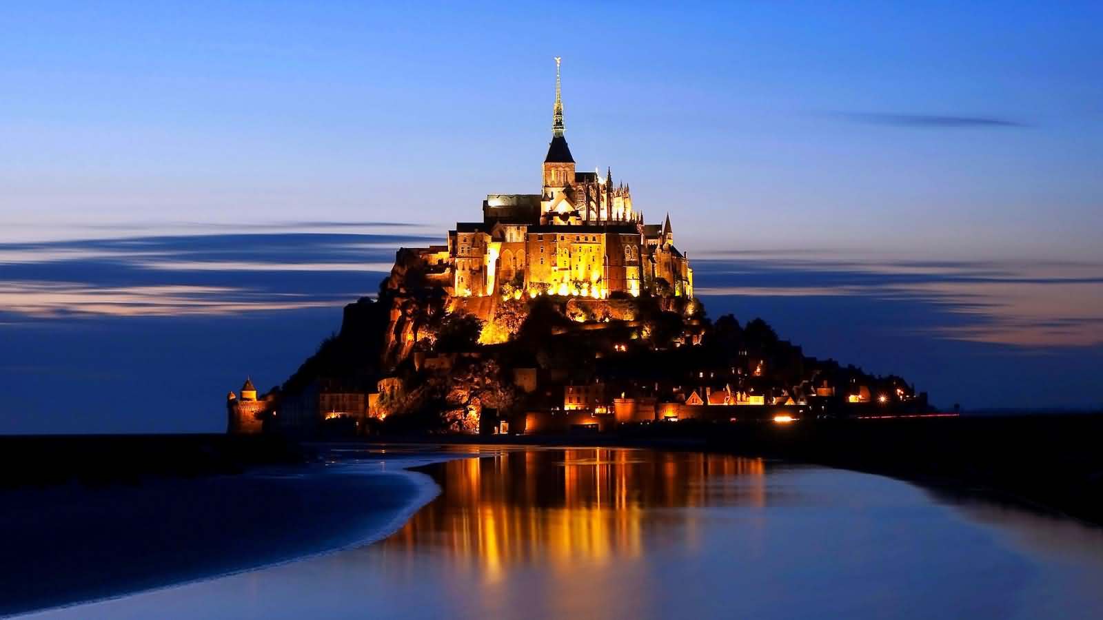 The Mont Saint-Michel lit up with night lights