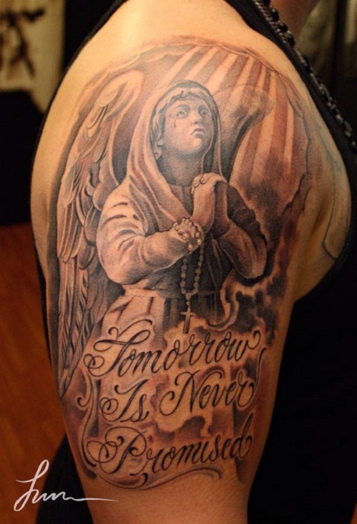 Tomorrow Is Never Promised – Praying Angel Tattoo On Right Half Sleeve