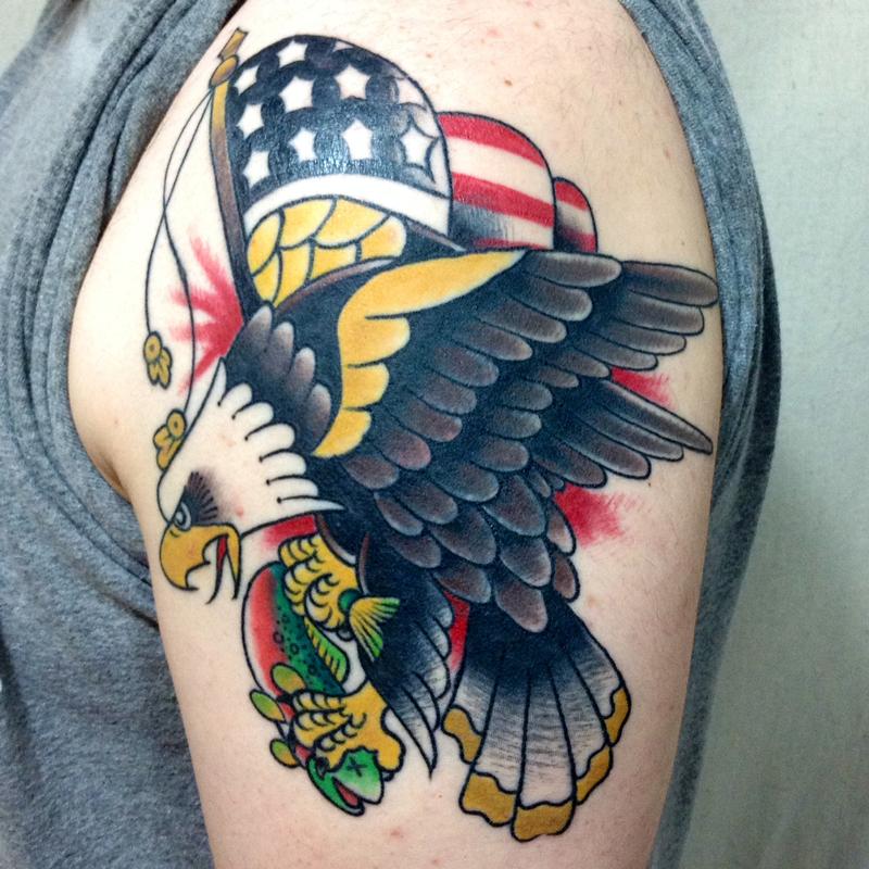 Traditional Bald American Eagle With US Flag Tattoo Design On Shoulder For Men