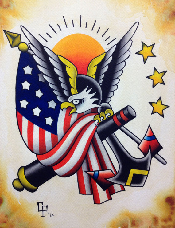 Traditional Bald Eagle With American Flag & Anchor Tattoo Design.