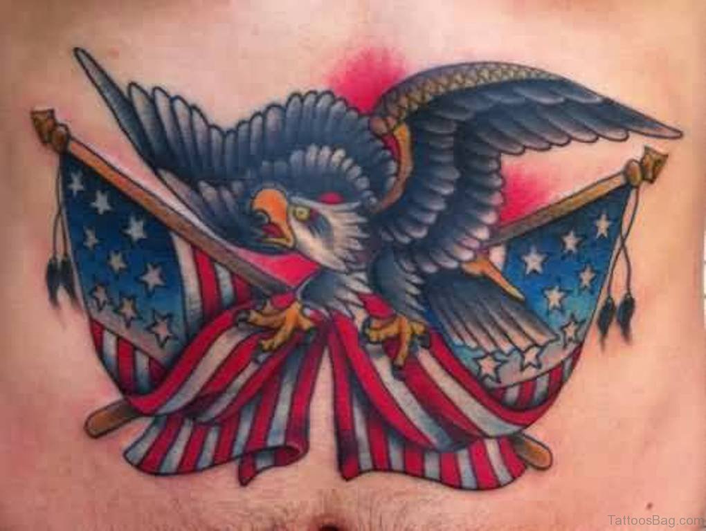 Traditional Bald Eagle With American Flag Tattoo On Stomach