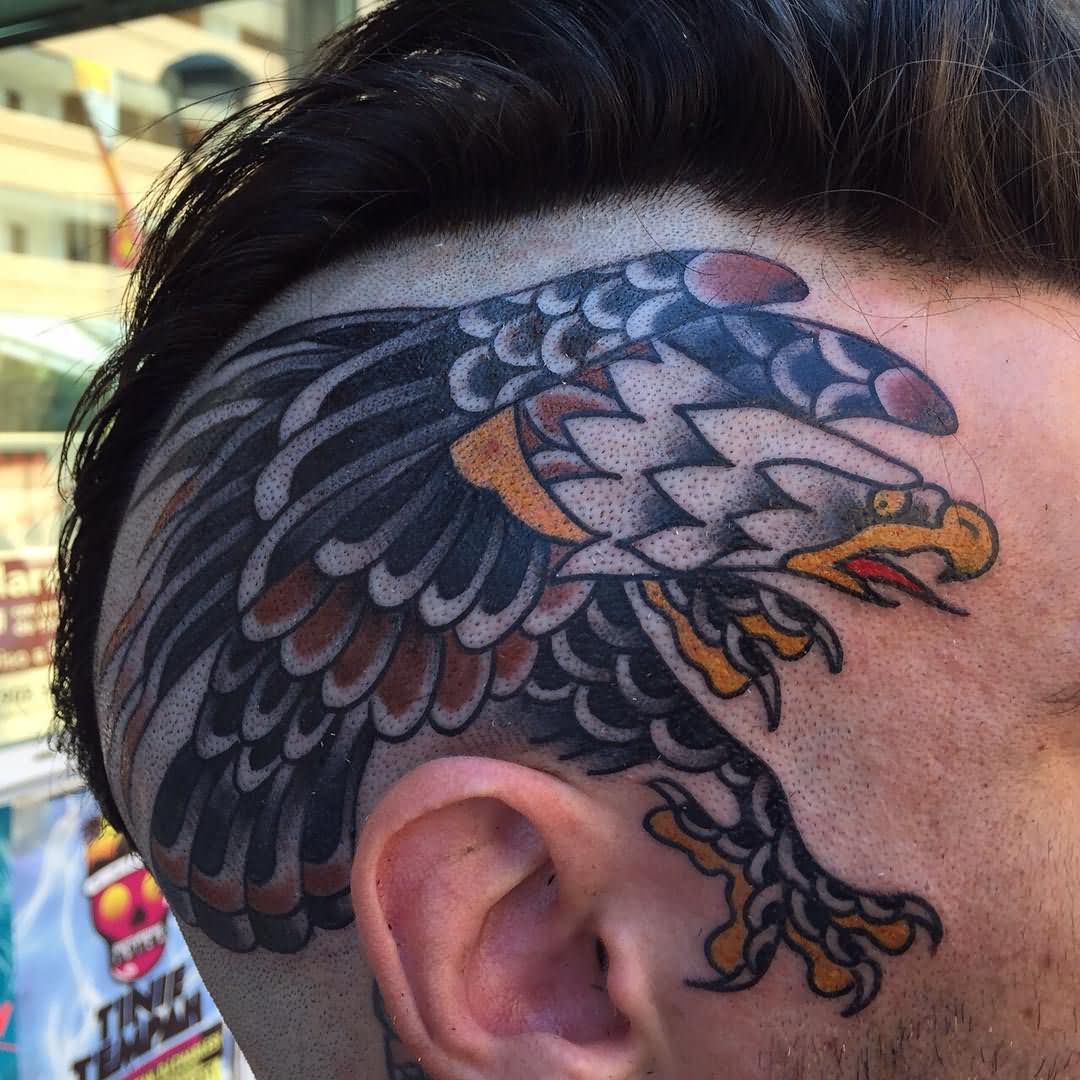 Traditional Flying Eagle Head Tattoo For Men