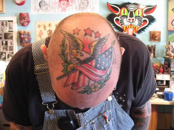 Traditional Style Bald Eagle & American Flag Tattoo on Head