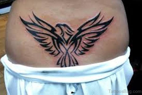 Tribal Eagle With Open Wings Tattoo On Lower Back