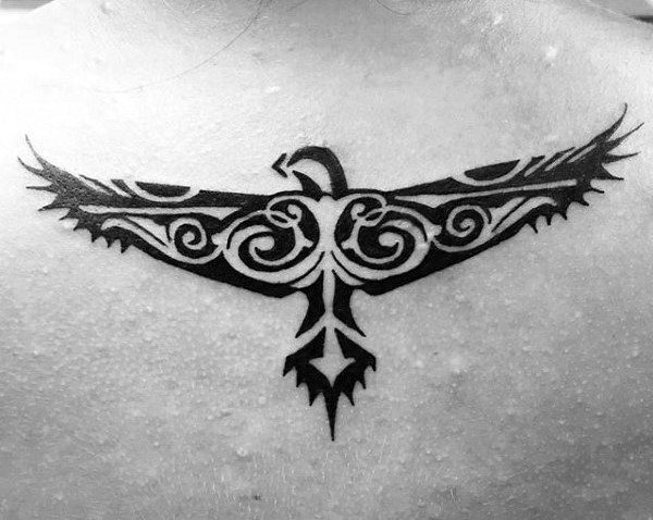 Tribal Eagle With Open Wings Tattoo On Upper Back