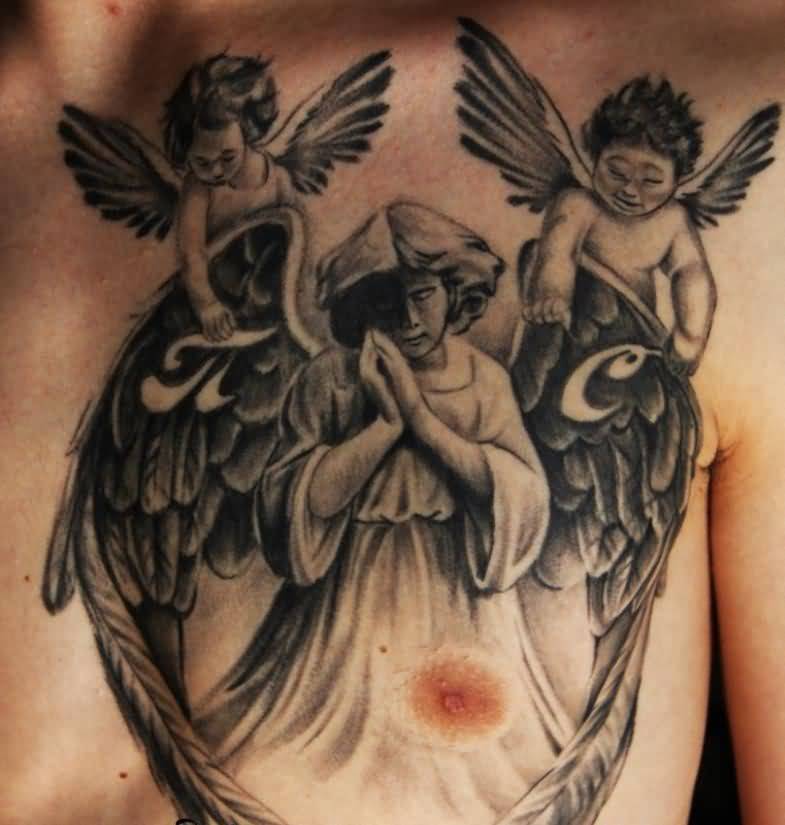 Two Baby Angels With Beautiful Praying Mother Angel Tattoo On Male Chest