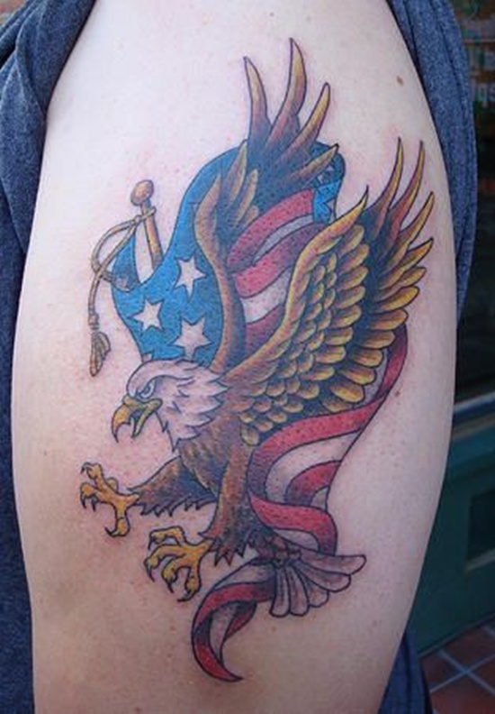 US Flag & Flying Bald Eagle Patriotic Tattoo On Half Sleeve For Girls