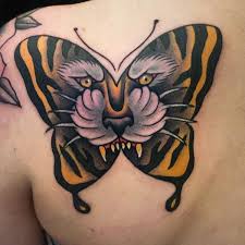 Unique Colored Butterfly Tiger Tattoo on Shoulder Blade