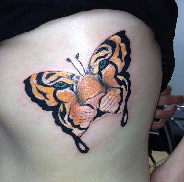 Unique Colored Tiger Butterfly Tattoo On Siderib