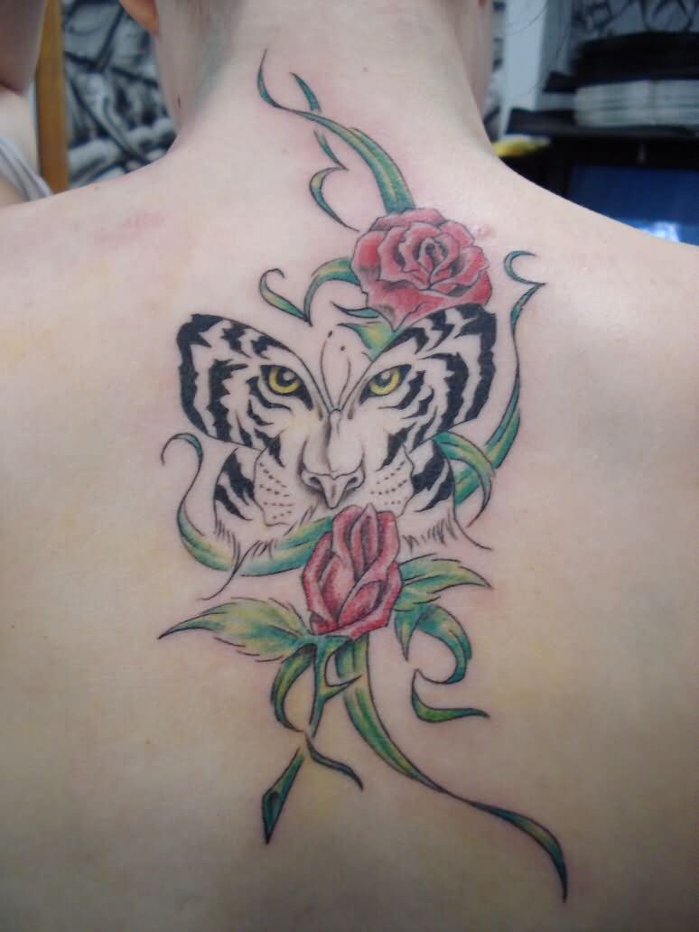 White Tiger Butterfly with Red Roses Tattoo On Back